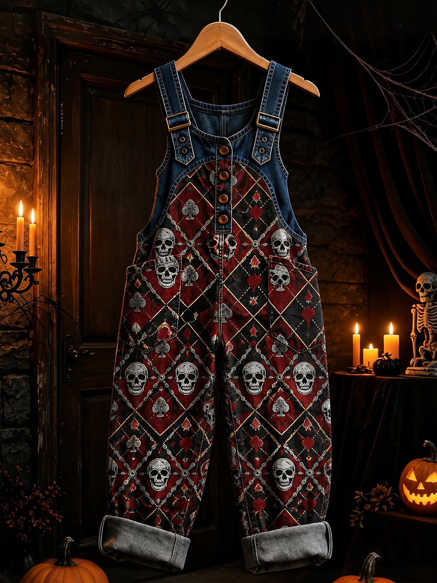 Women's Retro Style Art Print Washed Cotton Denim Patchwork Jumpsuit